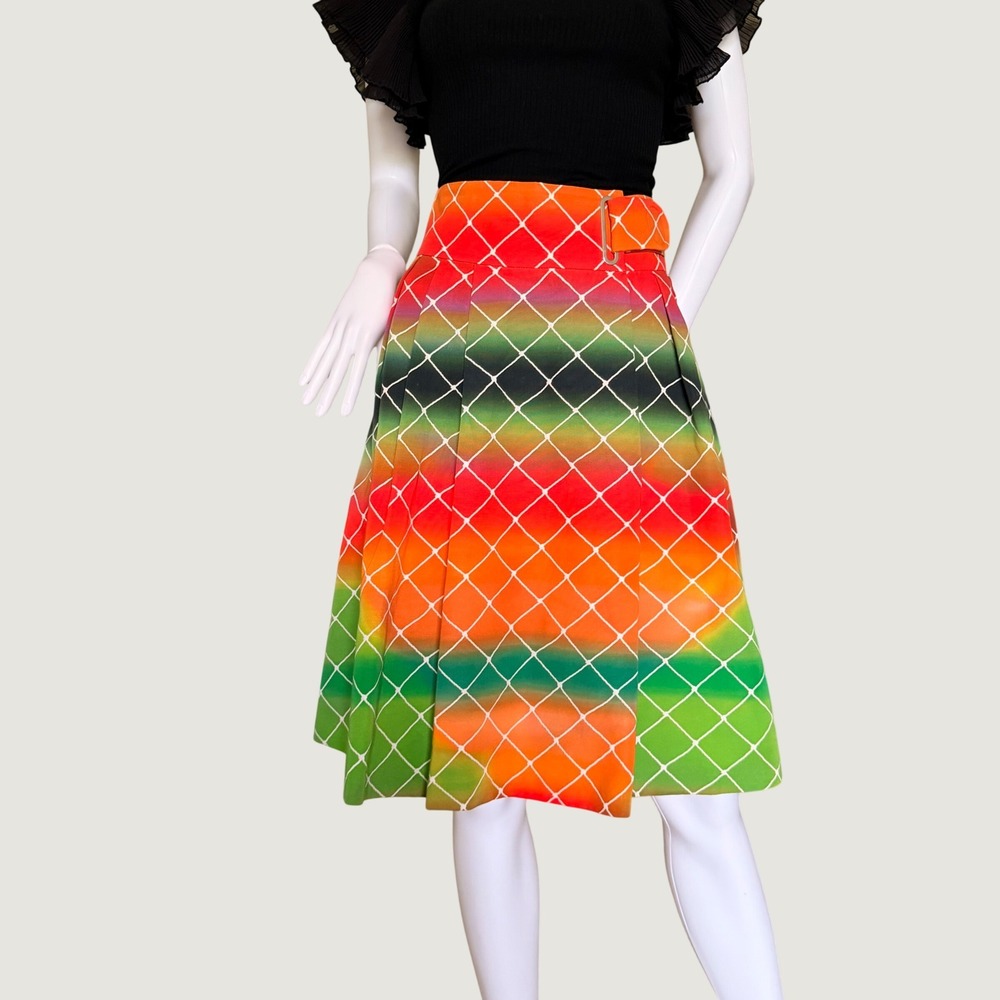 Akris Punto Womens Rainbow Ombre Grid Pleated Midi Skirt Orange Green Size 4